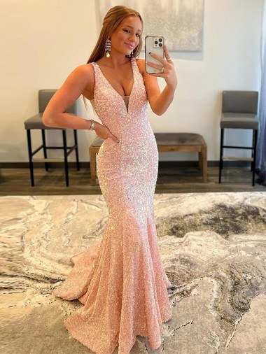 Sleeveless V-Neck Velvet Sequin Shown Color Sweep Train Evening Dress Cardiff
