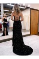Sleeveless V-Neck Velvet Sequin Royal Blue Sweep Train Evening Dress Cardiff