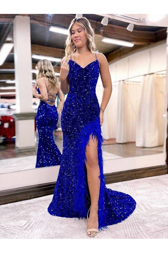 Sleeveless V-Neck Velvet Sequin Royal Blue Sweep Train Evening Dress Cardiff