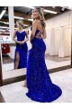 Sleeveless V-Neck Velvet Sequin Royal Blue Sweep Train Evening Dress Cardiff