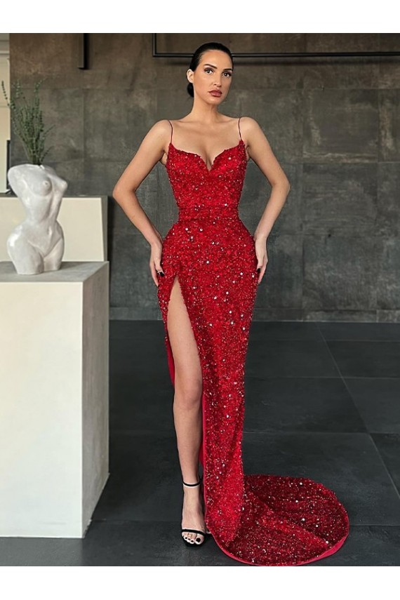 Sleeveless V-Neck Velvet Sequin Red Sweep Train Evening Gown / Prom Dress Cardiff