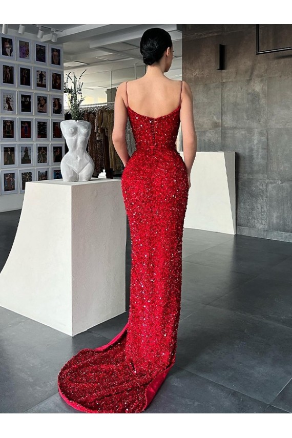 Sleeveless V-Neck Velvet Sequin Red Sweep Train Evening Gown / Prom Dress Cardiff