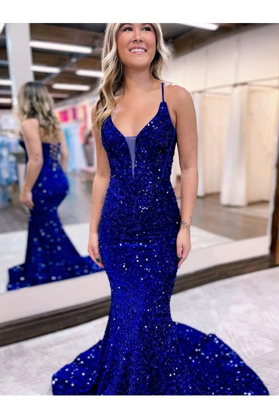 Sleeveless V-Neck Velvet Sequin Royal Blue Court Train Prom Dress Cardiff