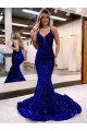 Sleeveless V-Neck Velvet Sequin Royal Blue Court Train Prom Dress Cardiff
