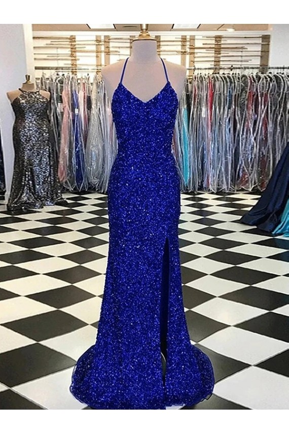 Sleeveless V-Neck Velvet Sequin Royal Blue Sweep Train Prom Dress / Evening Gown Cardiff