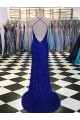 Sleeveless V-Neck Velvet Sequin Royal Blue Sweep Train Prom Dress / Evening Gown Cardiff