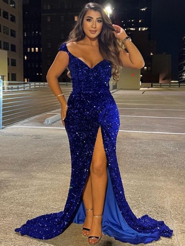 Sleeveless V-Neck Velvet Sequin Royal Blue Sweep Train Dress Cardiff