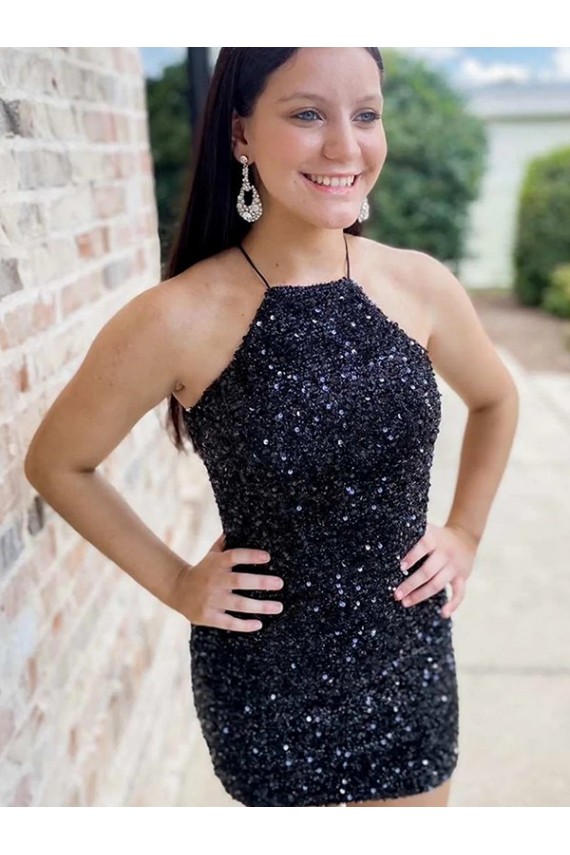 Sleeveless Halter Neck Velvet Sequin Black Short Prom Dress Cardiff