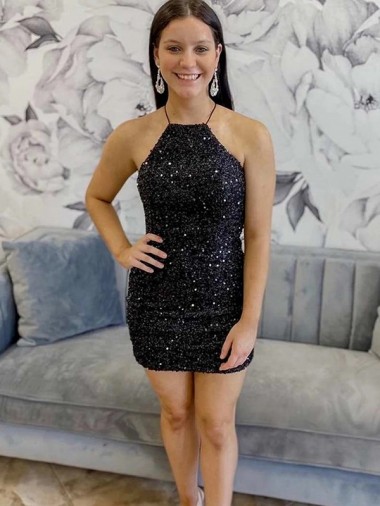 Sleeveless Halter Neck Velvet Sequin Black Short Prom Dress Cardiff