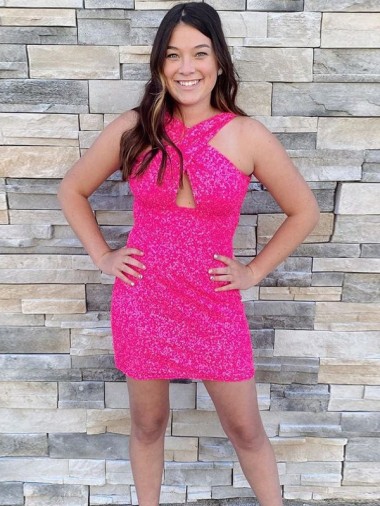 Sleeveless Halter Neck Velvet Sequin Fuchsia Short Homecoming Dress Cardiff