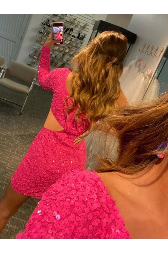 Long Sleeves One Shoulder Velvet Sequin Shown Color Short Evening Gowns Cardiff