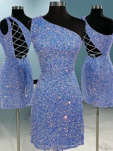 Sleeveless One Shoulder Velvet Sequin Shown Color Short Prom Dress Cardiff