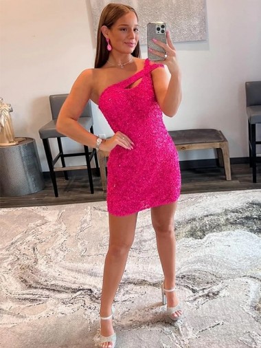 Sleeveless One Shoulder Velvet Sequin Fuchsia Short Prom Dresses Cardiff