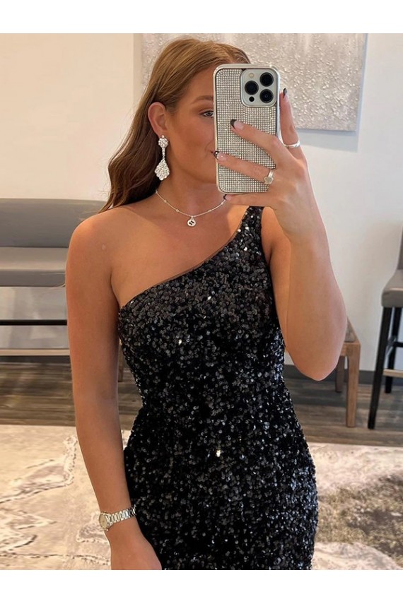 Sleeveless One Shoulder Velvet Sequin Black Short Prom Dress / Evening Gown Cardiff