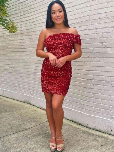 Sleeveless One Shoulder Velvet Sequin Burgundy Short Prom Dress Cardiff
