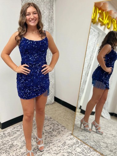 Sleeveless Spaghetti Straps Velvet Sequin Royal Blue Short Prom Dress Cardiff