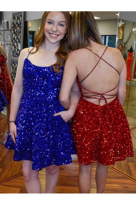 Sleeveless Spaghetti Straps Velvet Sequin Royal Blue A-Line Short Prom Dress Cardiff