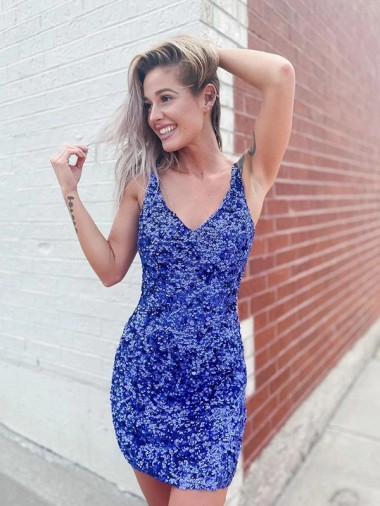 Sleeveless V-Neck Velvet Sequin Shown Color Short Evening Dress Cardiff
