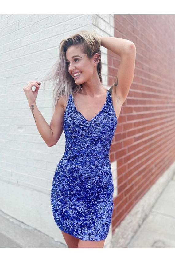 Sleeveless V-Neck Velvet Sequin Shown Color Short Evening Dress Cardiff