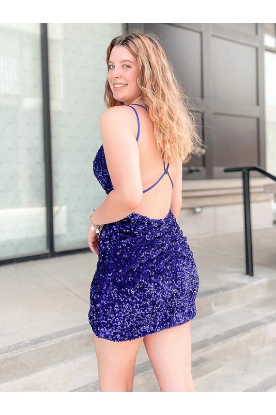 Sleeveless V-Neck Velvet Sequin Shown Color Short Cocktail Dress / Prom Dress Cardiff