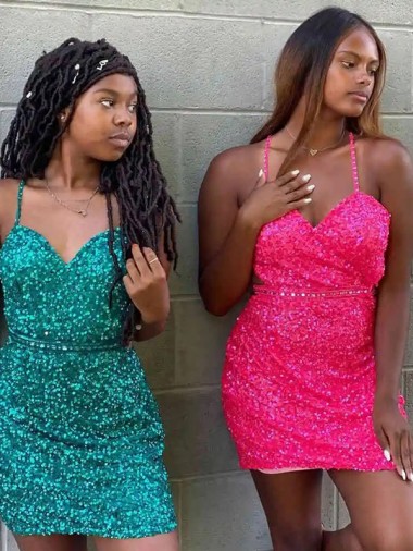 Sleeveless V-Neck Velvet Sequin Dark Green Short Prom Dress Cardiff