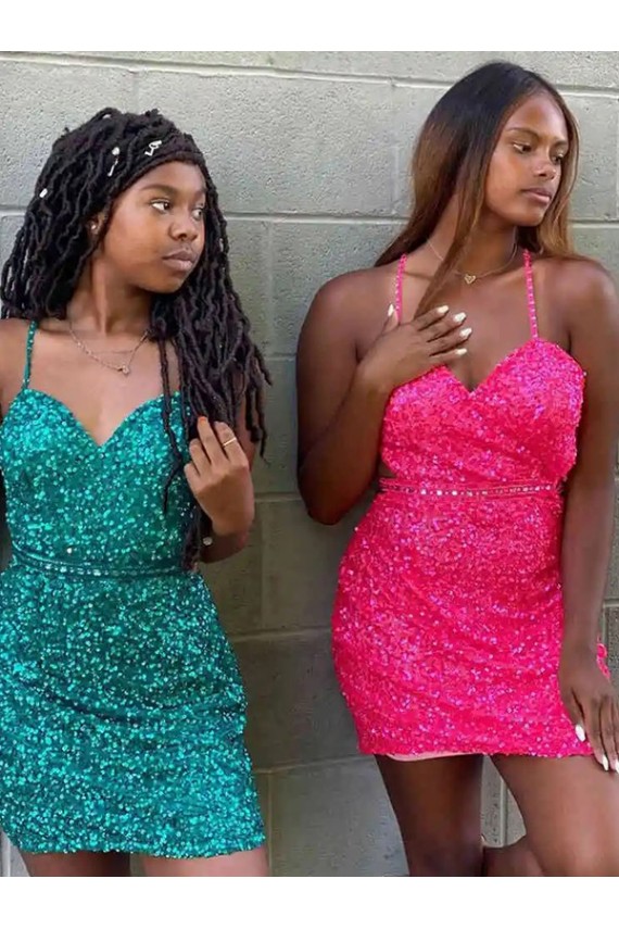 Sleeveless V-Neck Velvet Sequin Dark Green Short Prom Dress Cardiff