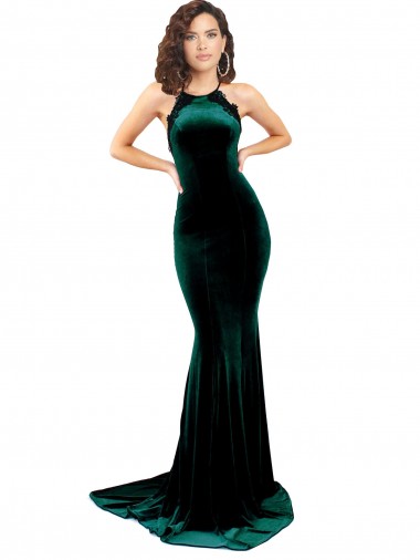 Sleeveless High Neck Stretch Velvet Dark Green Sweep Train Formal Evening Gown / Prom Dress / Bridesmaid Dress Cardiff