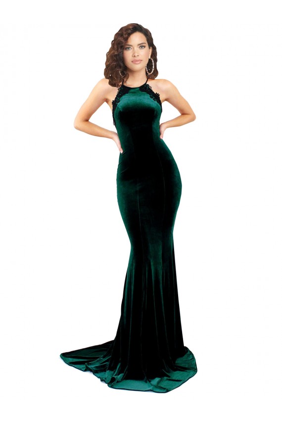 Sleeveless High Neck Stretch Velvet Dark Green Sweep Train Formal Evening Gown / Prom Dress / Bridesmaid Dress Cardiff