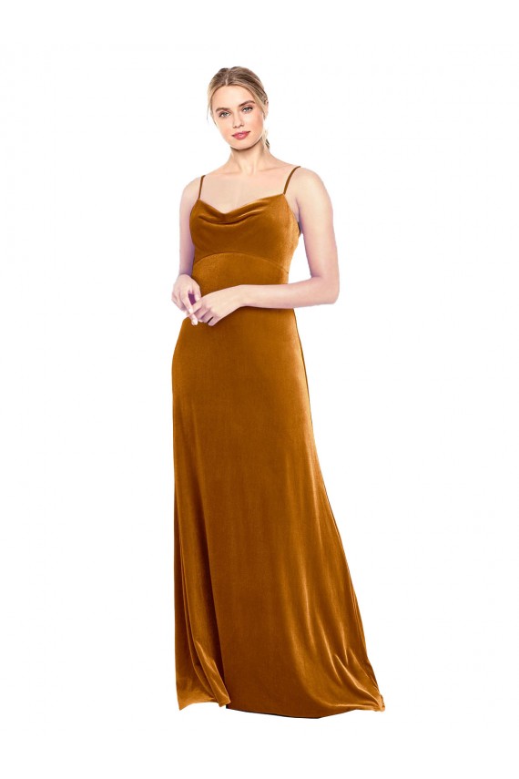 Sleeveless Cowl Neck Stretch Velvet Gold Long Prom Dress / Bridesmaid Dress Cardiff