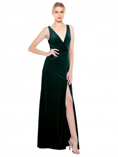 Sleeveless V-Neck Stretch Velvet Dark Green Long Black Tie Evening Dress / Prom Dress / Bridesmaid Dress Cardiff