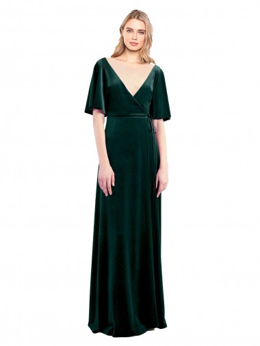 Flutter Sleeves V-Neck Stretch Velvet Dark Green Long Prom Dress / Bridesmaid Dress Cardiff