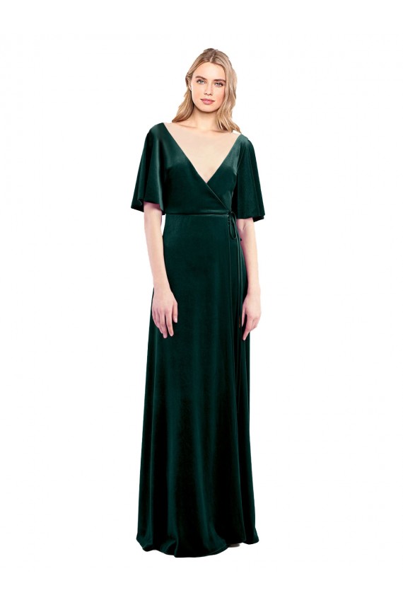 Flutter Sleeves V-Neck Stretch Velvet Dark Green Long Prom Dress / Bridesmaid Dress Cardiff