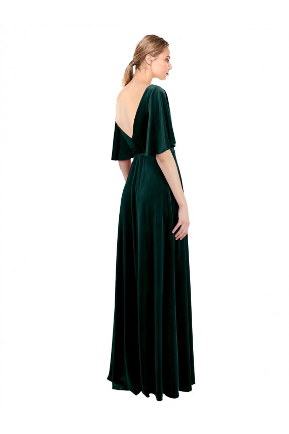 Flutter Sleeves V-Neck Stretch Velvet Dark Green Long Prom Dress / Bridesmaid Dress Cardiff
