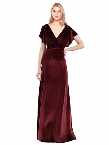Flutter Sleeves V-Neck Stretch Velvet Burgundy Long Prom Dress / Bridesmaid Dress Cardiff