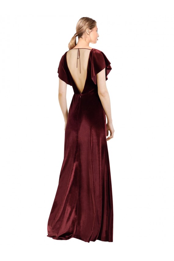 Flutter Sleeves V-Neck Stretch Velvet Burgundy Long Prom Dress / Bridesmaid Dress Cardiff