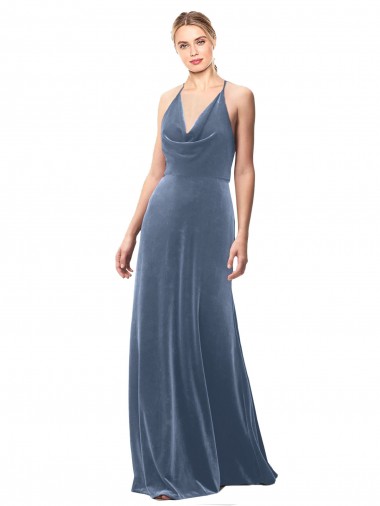 Sleeveless Cowl Neck Stretch Velvet Dusty Blue Long Prom Dress / Bridesmaid Dress Cardiff