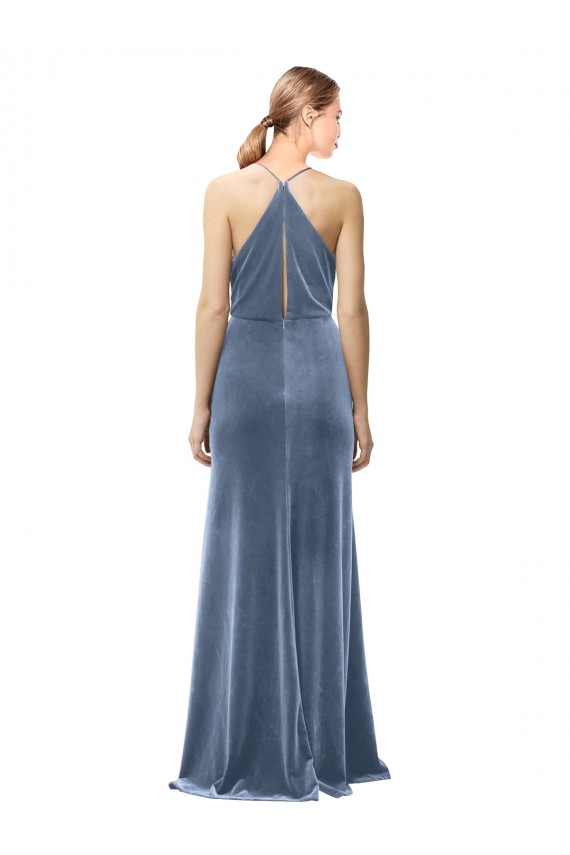 Sleeveless Cowl Neck Stretch Velvet Dusty Blue Long Prom Dress / Bridesmaid Dress Cardiff