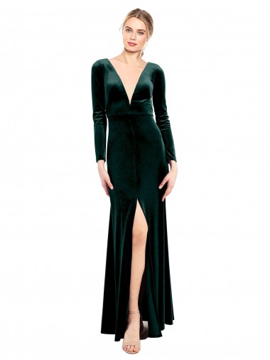 Long Sleeves V-Neck Stretch Velvet Dark Green Long Black Tie Prom Dress / Bridesmaid Dress Cardiff