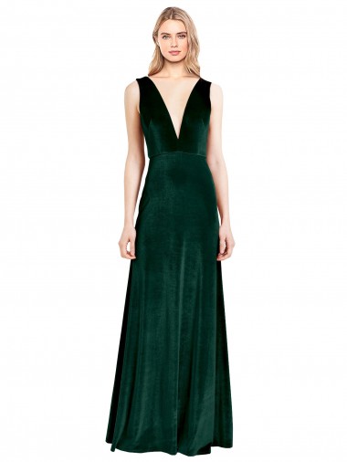 Sleeveless V-Neck Stretch Velvet Dark Green Long Bridesmaid Dress / Formal Dress Cardiff
