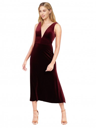 Sleeveless V-Neck Stretch Velvet Burgundy Midi Length Prom Dress / Bridesmaid Dress Cardiff
