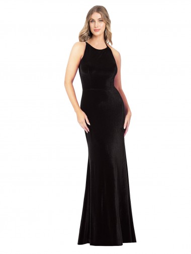 Sleeveless Jewel Neck Stretch Velvet Black Long Formal Evening Gown / Prom Dress / Bridesmaid Dress Cardiff