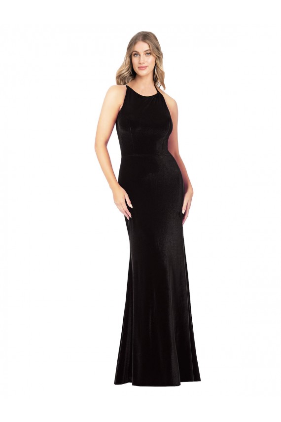 Sleeveless Jewel Neck Stretch Velvet Black Long Formal Evening Gown / Prom Dress / Bridesmaid Dress Cardiff