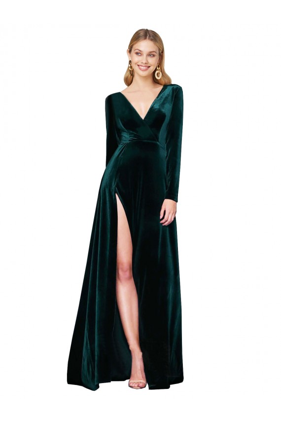 Long Sleeves V-Neck Stretch Velvet Dark Green Sweep Train Black Tie Evening Gown / Prom Dress / Bridesmaid Dress Cardiff