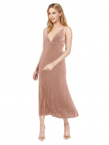 Sleeveless V-Neck Stretch Velvet Pink Midi Length Prom Dress / Bridesmaid Dress Cardiff