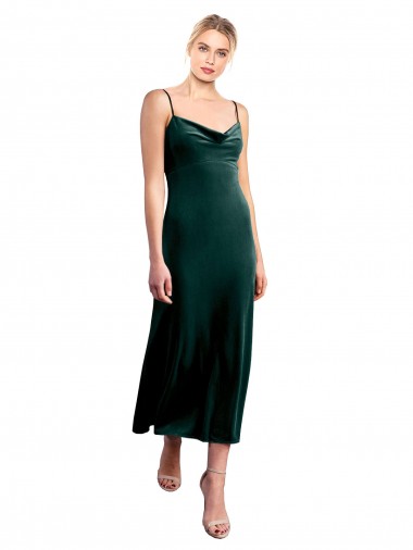 Sleeveless Cowl Neck Stretch Velvet Dark Green Midi Length Prom Dress / Bridesmaid Dress Cardiff