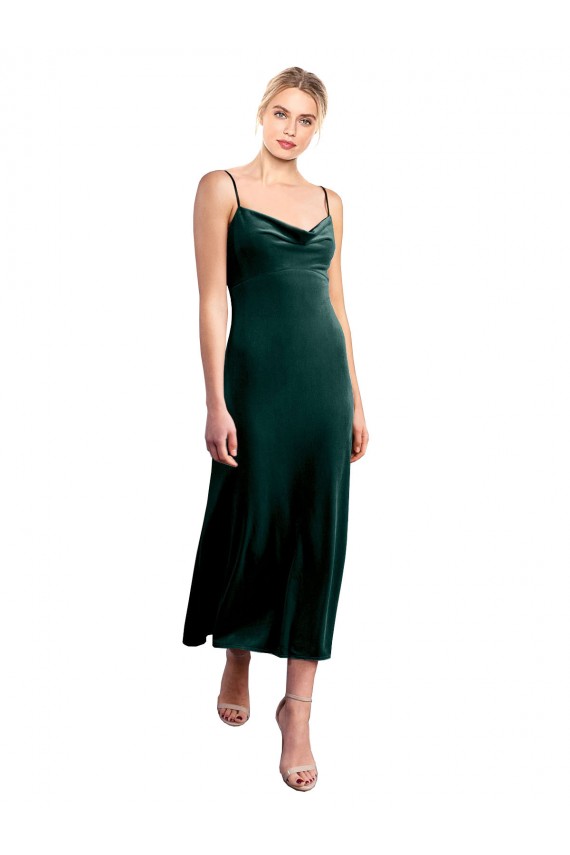 Sleeveless Cowl Neck Stretch Velvet Dark Green Midi Length Prom Dress / Bridesmaid Dress Cardiff