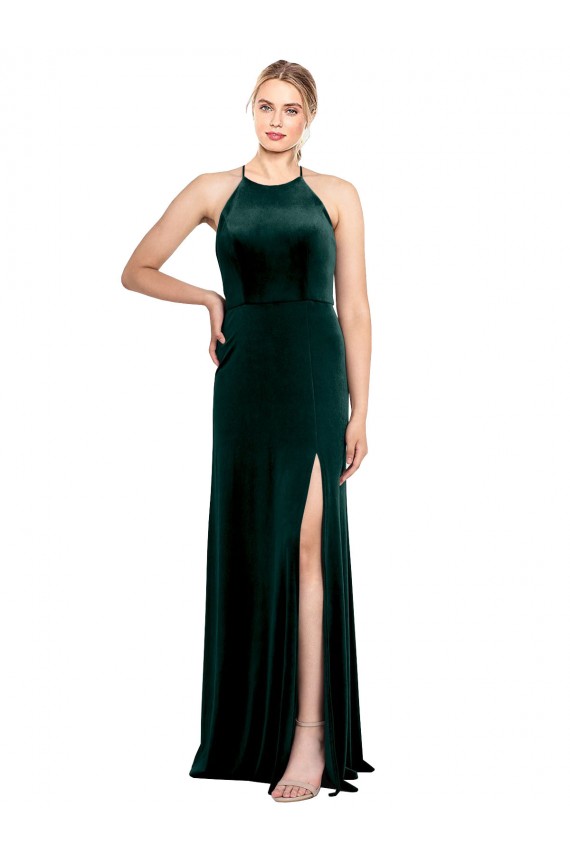 Sleeveless Jewel Neck Stretch Velvet Dark Green Long Prom Dress / Bridesmaid Dress Cardiff