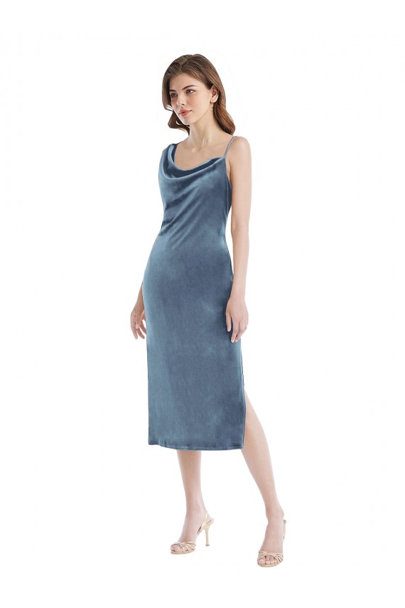 Sleeveless One Shoulder Stretch Velvet Dusty Blue Long Semi Formal Evening Dress / Prom Dress / Bridesmaid Dress Cardiff