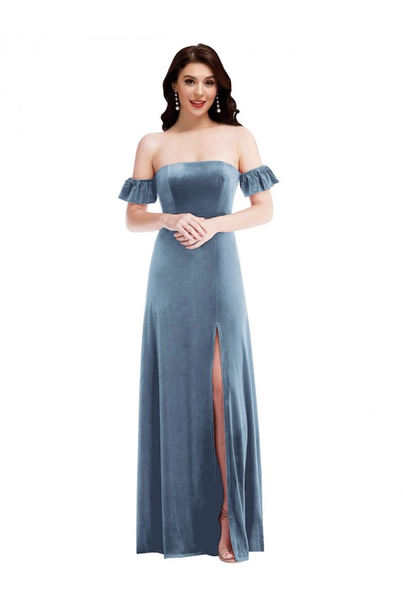 Ruffle Sleeves Off the Shoulder Stretch Velvet Dusty Blue Long Formal Dress / Bridesmaid Dress Cardiff