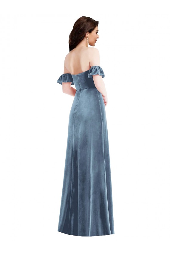 Ruffle Sleeves Off the Shoulder Stretch Velvet Dusty Blue Long Formal Dress / Bridesmaid Dress Cardiff